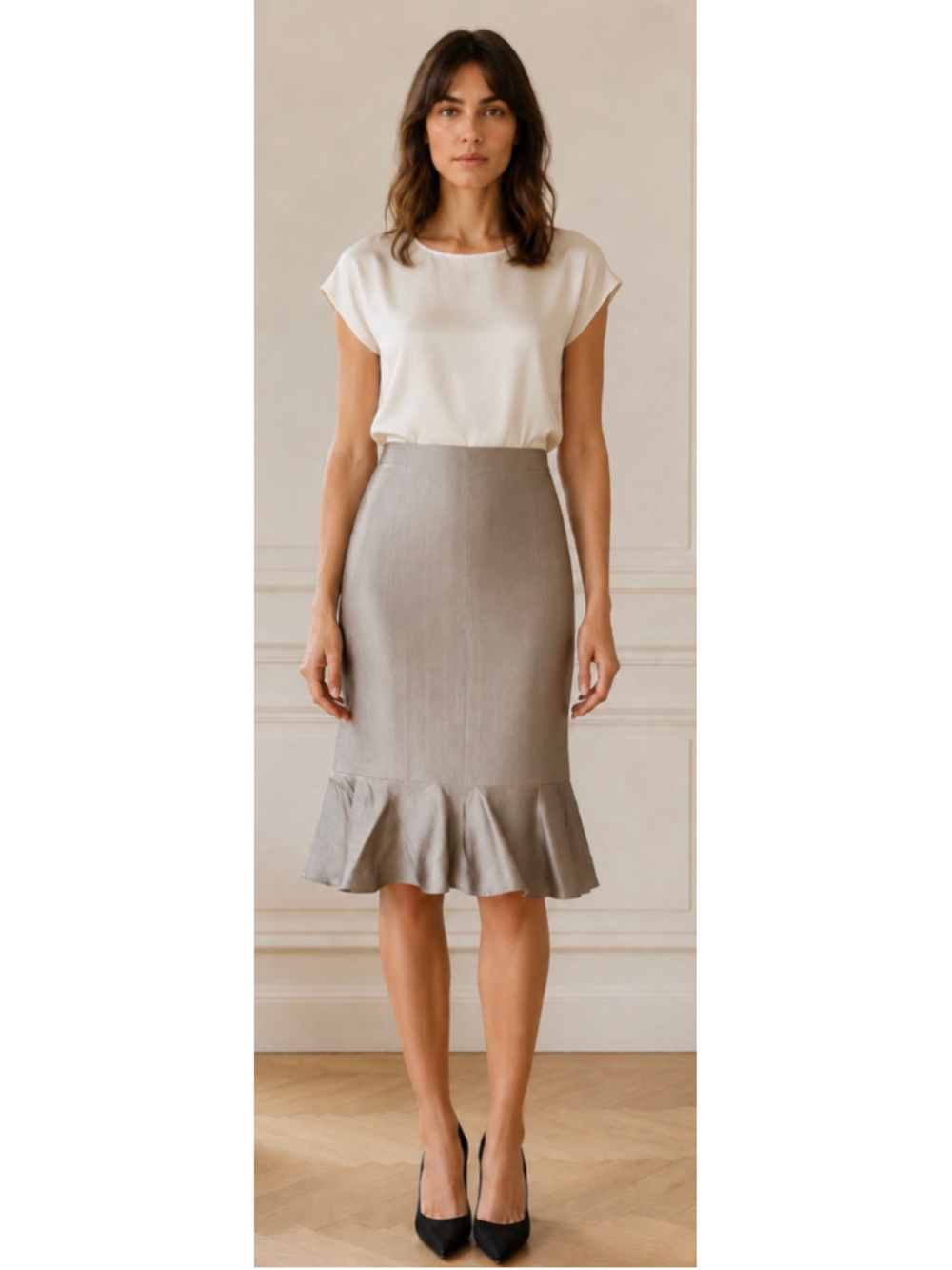 Emporio Armani Midi Skirt Size 8 Gray/Taupe Ruffled Hem Silk Blend New w Tag 44